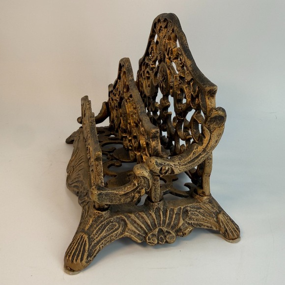 Vintage Brass Double Mail Holder Ornate Filigree Letter Desk Organizer Roccoco - Picture 5 of 16